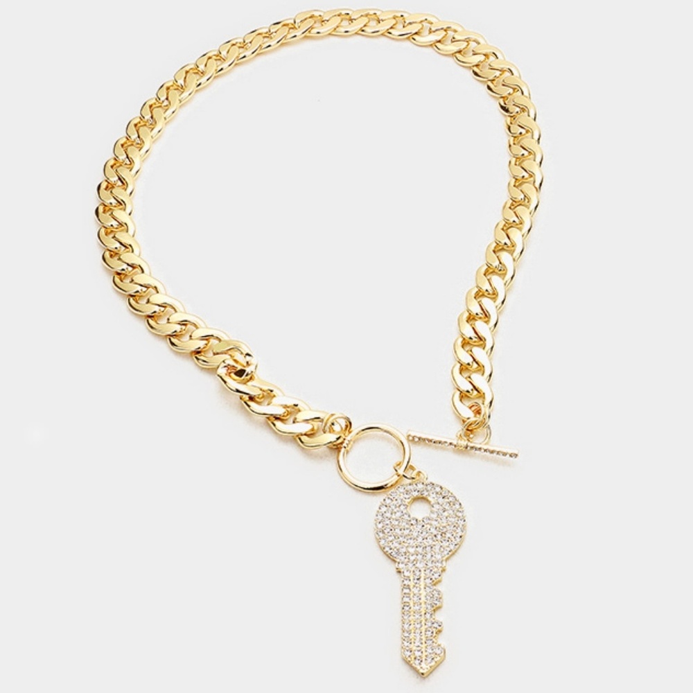 Gold Rhinestone Key Pendant Toggle Necklace Chain Crystal Link Statement Set - Picture 2 of 2